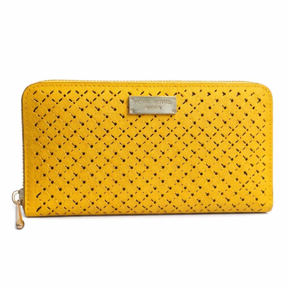 Henri Bendel Yellow Perforated Detail Leather Zip-Around Wallet with Gold Accent